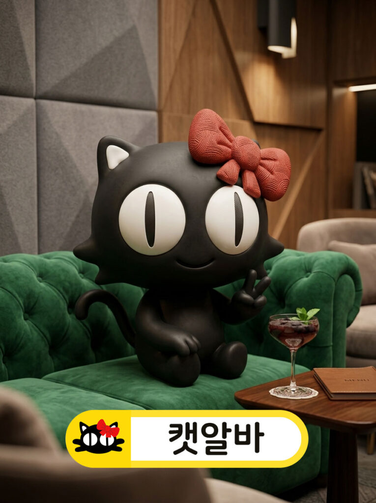 송파구 여성알바 당일 지급 원칙과 고수익 페이 시스템을 노래하며 강조하는 캣알바 캐릭터