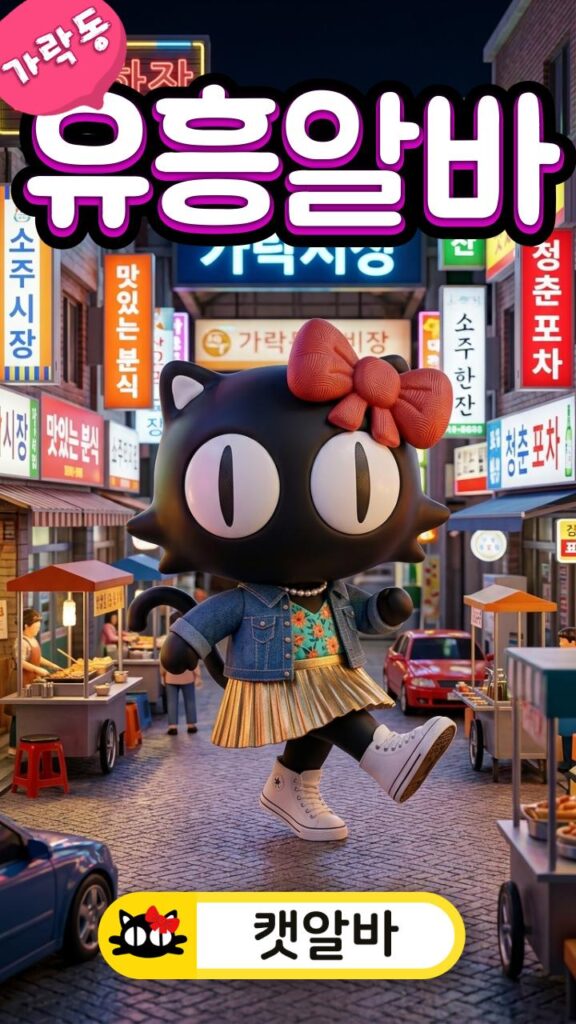 서울 송파구 가락동 98번지 메인 가 미니어처 배경 무대에서 파격적이고 여성스러운 힙 캐주얼 치마를 입고 춤추는 캣알바 캐릭터