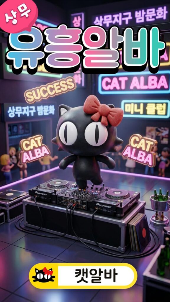 상무지구 DJ 부스 미니어처 무대에서 캣알바 성공 브랜딩과 춤추는 캐릭터